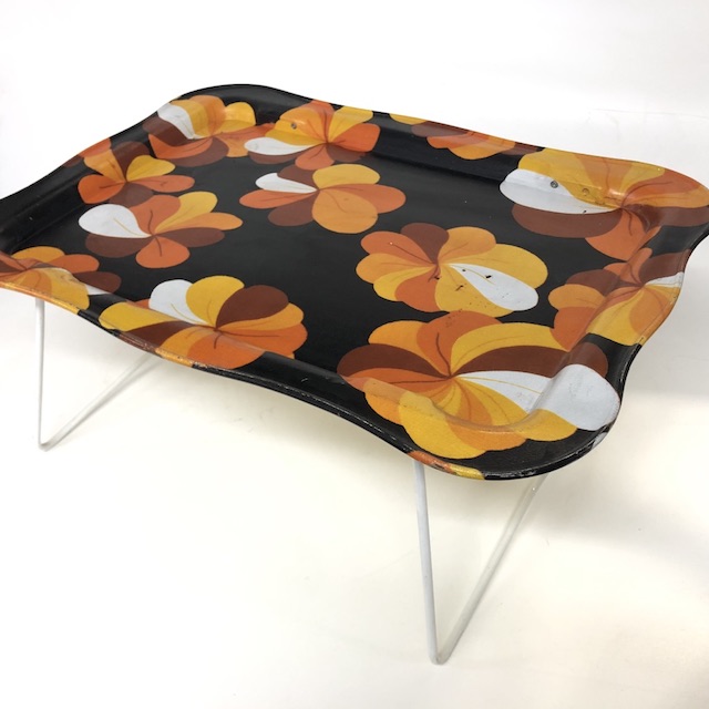 TRAY TABLE, 1970s Black Orange Floral Design 